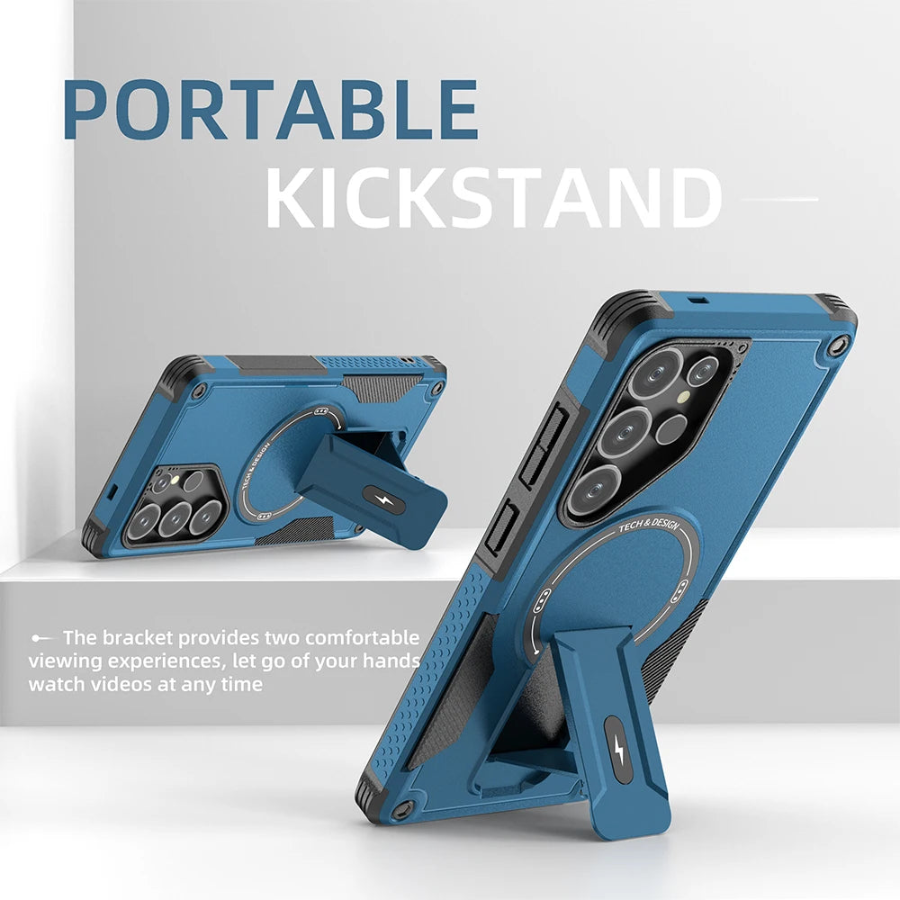 Fold Stand Holder Magnetic Armor Case For Samsung S25 Ultra S24 Plus Wireless Charging Invisible Bracket Shockproof Hard Cover