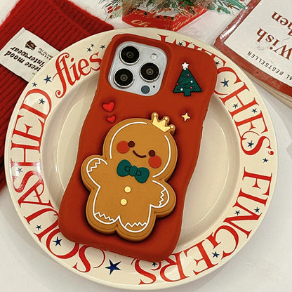 Red Christmas Gingerbread Man Folding Bracket Case For iPhone 11 12 13 15 16 17 Pro Max Soft Silicone 3D Holder Back Cover