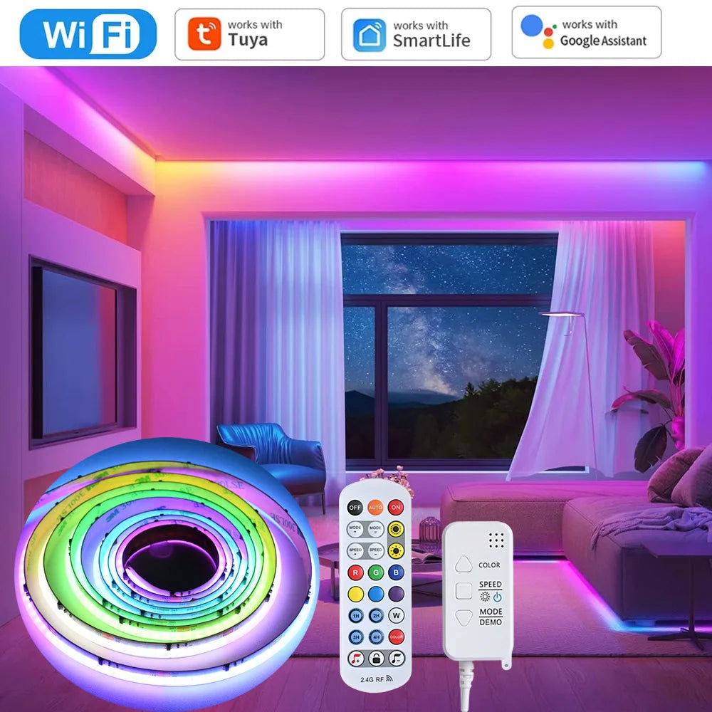 Tuya WiFi COB RGBIC LED Strip 12V 5m Music Sync Dream Color WS2811 Addressable Party Light RF Remote Control f Alexa Google Home