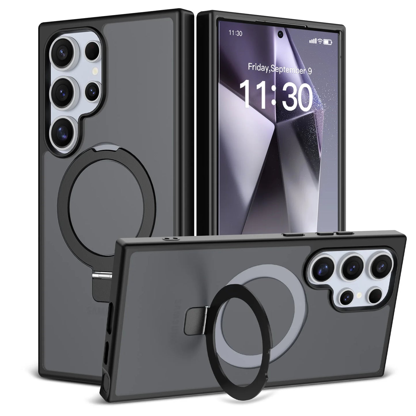 Luxury Metal Ring Fold Stand Case For Samsung Galaxy S25 Edge S24 Plus S23 Ultra Matte Translucent Wireless Charger Cover Funda