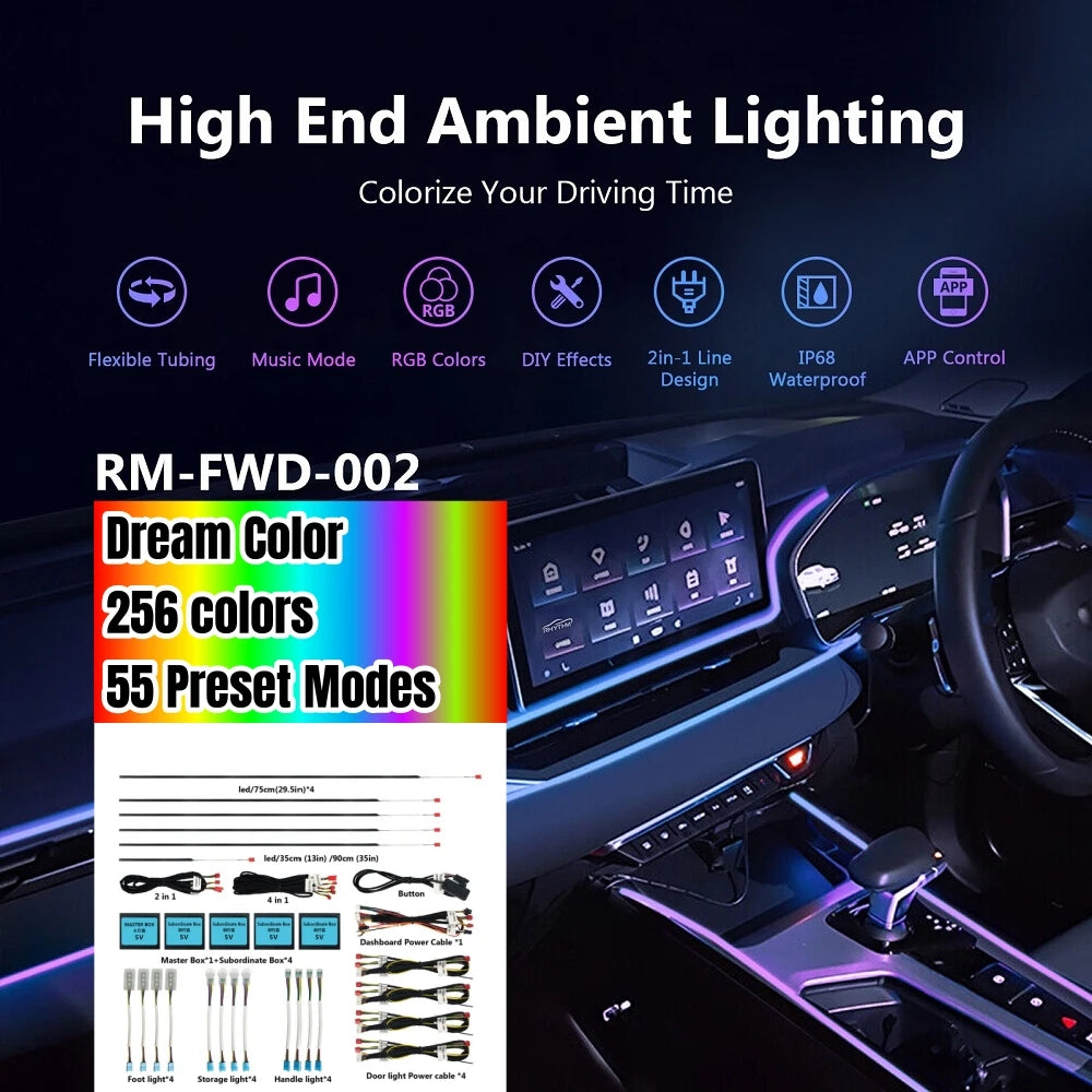 Universal Car Ambient Light Kit With Wireless APP Control 256 RGB Dream Color and 55 Preset Modes LED Neon Footlight Accessories