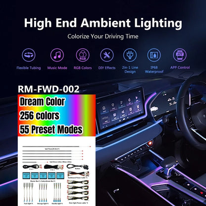 Universal Car Ambient Light Kit With Wireless APP Control 256 RGB Dream Color and 55 Preset Modes LED Neon Footlight Accessories