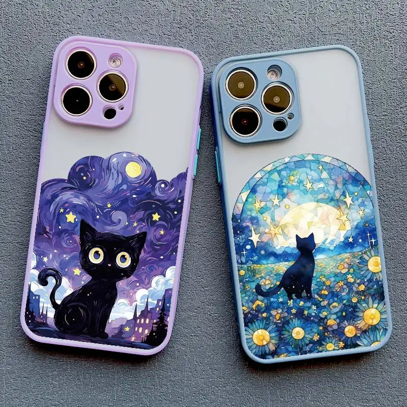 Artistic Black Cat Starry Night Phone Case For iPhone 15 14 13 12 11 Pro Max 12 16 Mini XS X XR 8 7 14 15 Plus Shockproof Shells