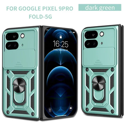 Full Camera Lens Protection Phone Case For Google Pixel 9 Pro Fold 5G Armor Metal Rotating Ring Silicone Soft Back Cover Cases