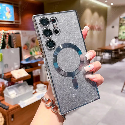 Glitter Luxury Magnetic Woman Case For Magsafe For Samsung Galaxy S24 S23 S22 S25 Ultra Plus Accessories Wireless Charging Cover