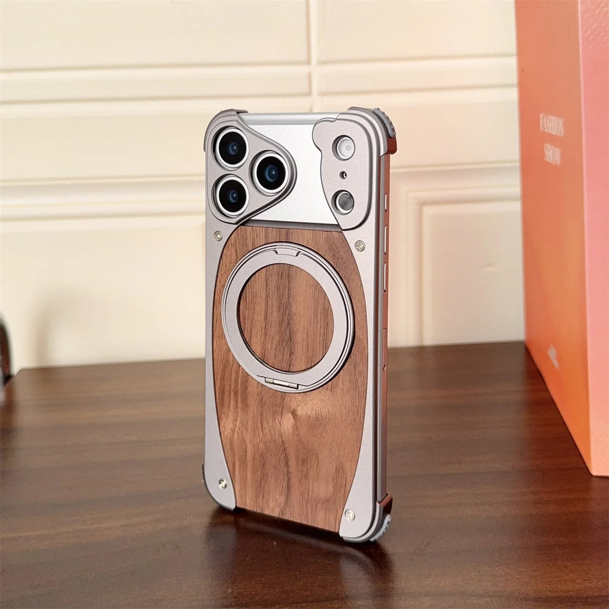 Walnut Wood Metal Aluminum Phone Case For iPhone 17 Pro 17 Pro Max Magnetic Bracket Shockproof Drop-proof Protection Cover