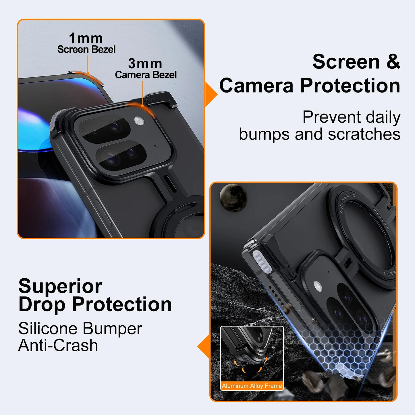 Eary for Google Pixel 9 Pro XL Fold Metal Phone Case With 360° Rotatable Magnetic Kickstand Frameless Bumper Shockproof Covers