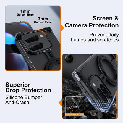 Eary for Google Pixel 9 Pro XL Fold Metal Phone Case With 360° Rotatable Magnetic Kickstand Frameless Bumper Shockproof Covers