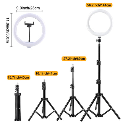 12 Inch Dimmable LED Ring Light with 110cm Tripod and Flexible Cell Phone Stand, USB Powered (3 Lighting Modes), For Selfies