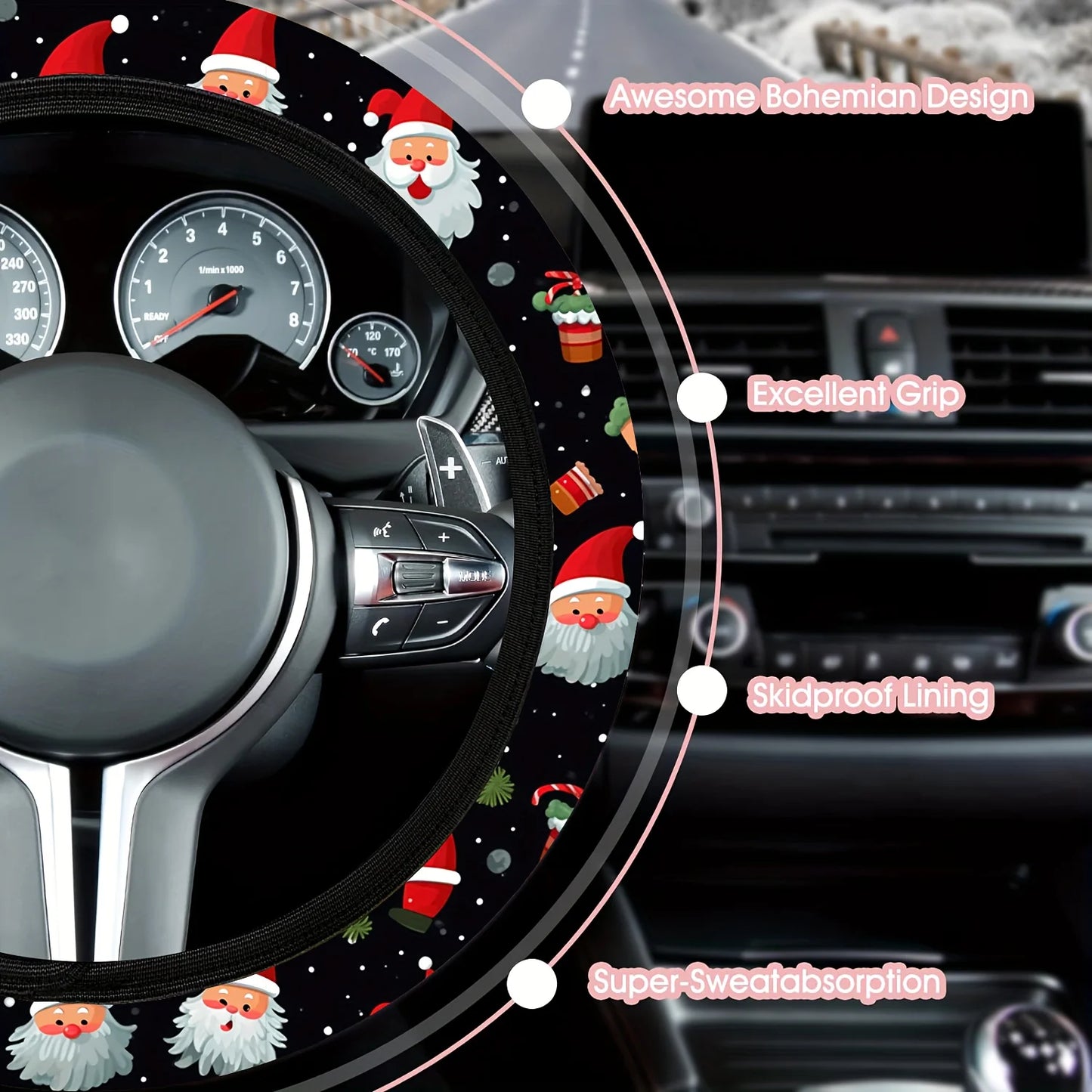 Santa Claus Print Soft Neoprene Steering Wheel Cover 15" Fit for Cars SUVs Trucks Festive Interior Decor