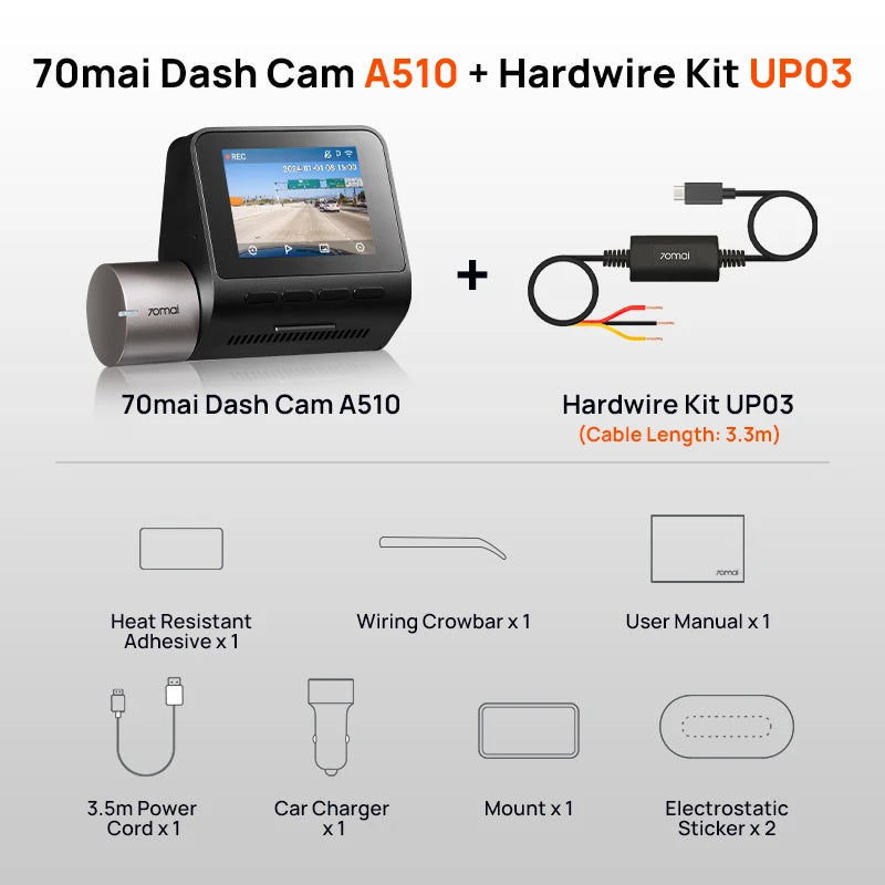 70mai Dash Cam A510 1944P HDR GPS ADAS 4G Connectivity 70mai 4G Front Cam A510 Car DVR 24H Parking Support Rear Cam
