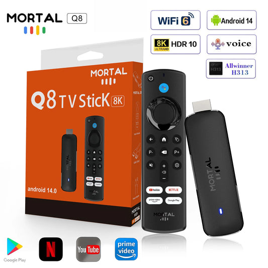 Mortal Q8 Android14 TV stick WIFI6 Voice Control TV stick  8K video Allwinner H313 Netflix YouTube Tv box Free Live TV Streaming