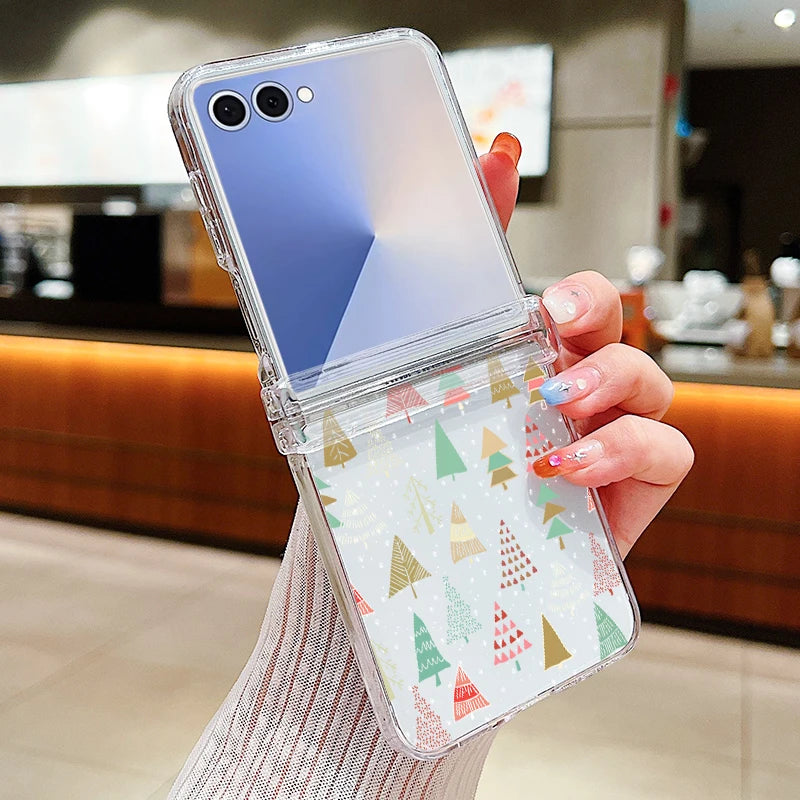 Christmas Tree Bear Clear Phone Case For Samsung Galaxy Z Flip 7 FE 6 5 4 3 5G Folding Hard PC Cover For Samsung Z Flip7 Flip6