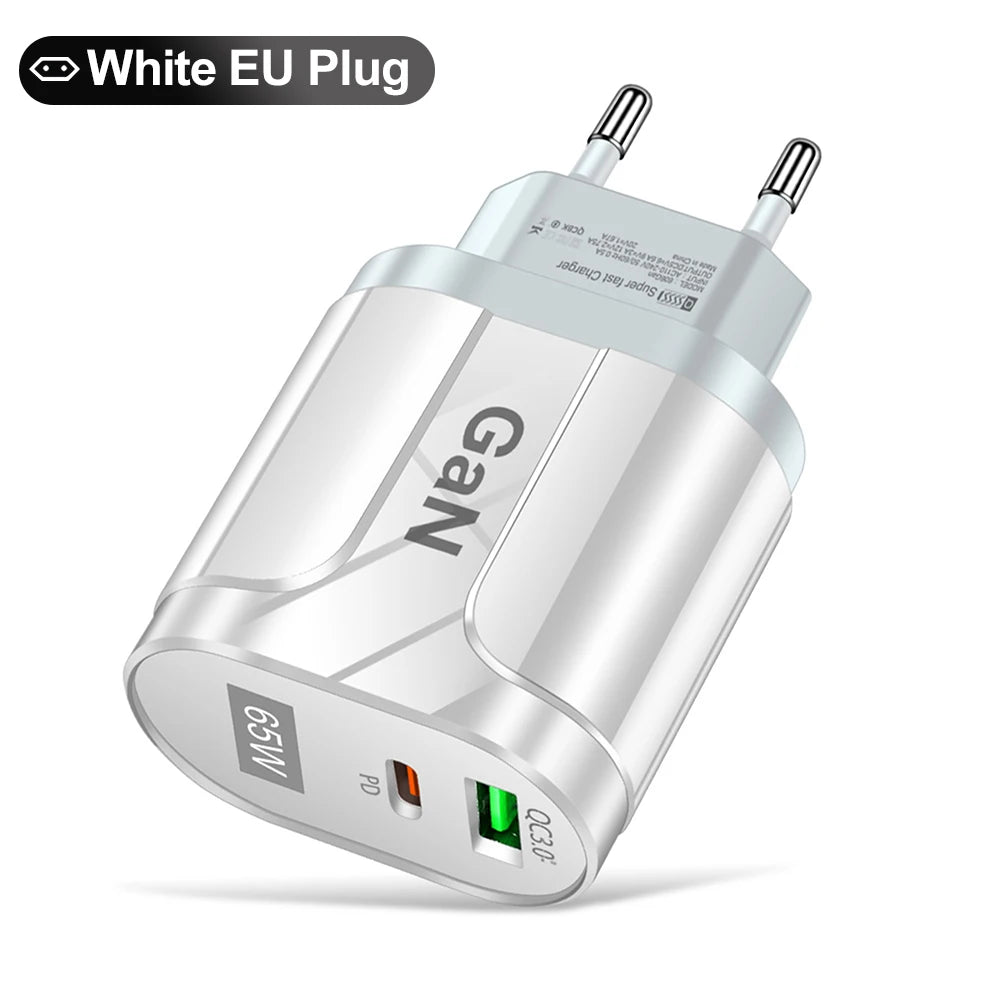 65W GaN USB C Charger Quick Charge Korea EU US Plug PD USB-C TypeC Fast USB Charger For iPhone 14 Xiaomi Samsung Macbook