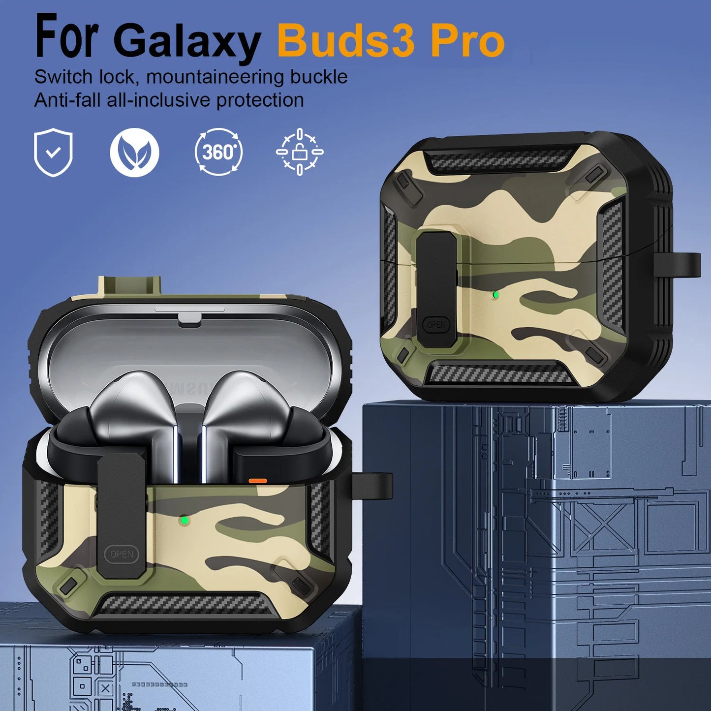 Stylish Camouflage Cover For Samsung Galaxy Buds 3 Pro Buds3 Pro Buzz 3 Pro Case With Lock Rugged Shell Armor Shockproof Sleeve