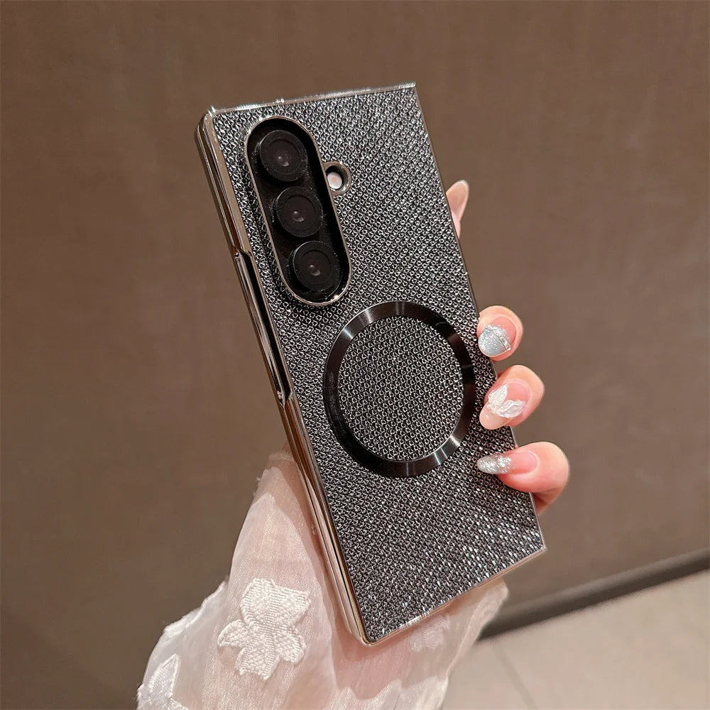 Luxury Magnet Magnetic Mini Diamond Glitter Phone Case For Samsung Z Fold 7 6 5 4 3 For Magsafe Wireless Charging Plating Cover
