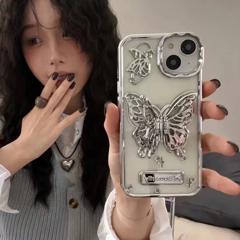 Glitter Butterfly Gradient Stand Case for iPhone 15 16 14 12 13 Pro Max 14Pro Bracket Transparent Plating Soft Silicone Cover