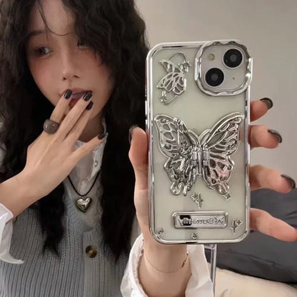 Glitter Butterfly Gradient Stand Case for iPhone 15 16 14 12 13 Pro Max 14Pro Bracket Transparent Plating Soft Silicone Cover