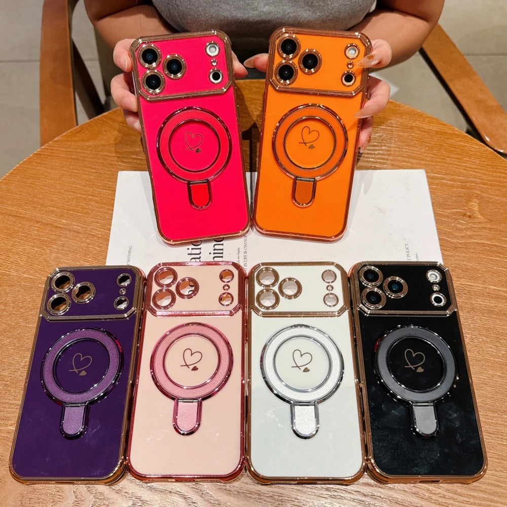 Luxury Plating Love Heart Airbag Bracket Phone Case For iPhone 17 16 15 14 13 Pro Max Plus Air Stand Holder Protection New Cover
