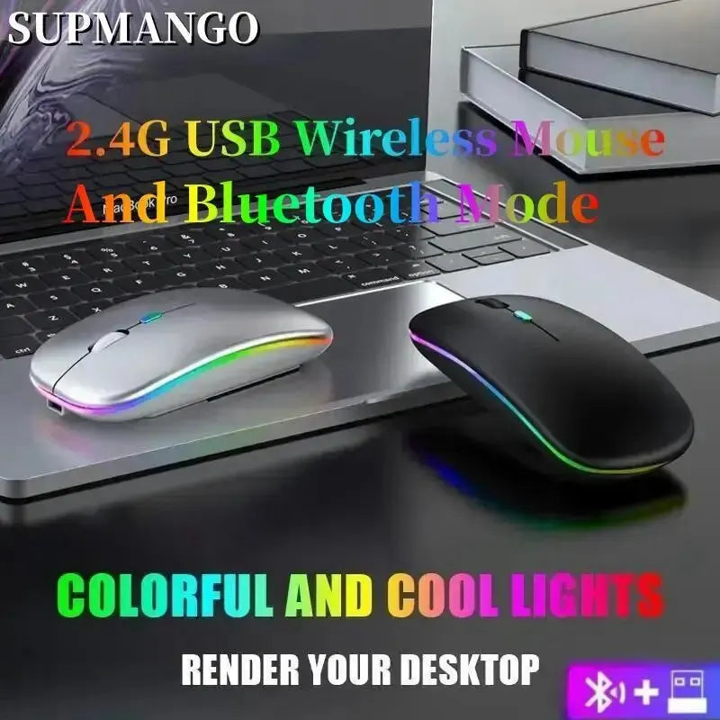 Wireless Mouse Rechargeable Silent LED Backlit Mice PC Laptop Computer Mous 2.4Ghz Receiver Bluetooth Dual Mode Optical Mice - covers4phones