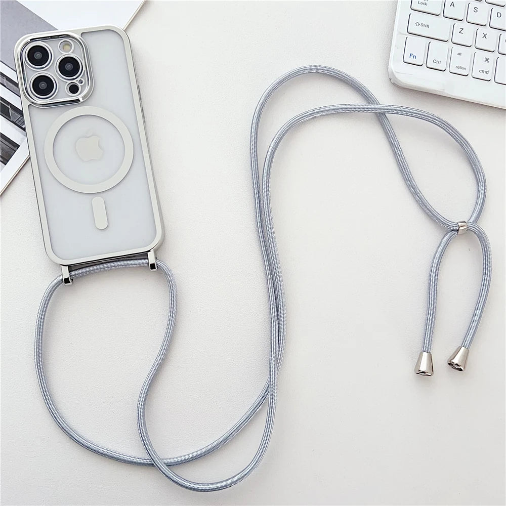 Luxury Necklace Cord Rope Lanyard Plating Magnetic Clear Phone Case For iPhone 16 14 11 12 13 15 Pro Max For Magsafe Soft Coverd