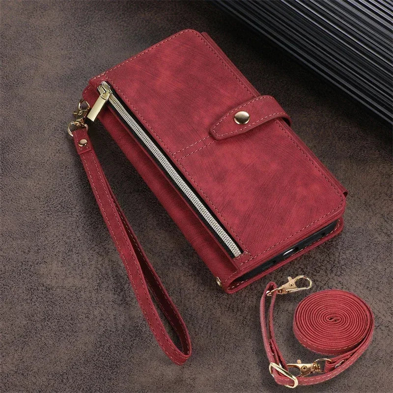 Phone Case for Samsung Galaxy S23 S24 FE S25 Ultra Edge S22 Plus A16 A06 A26 A36 A56 A15 A35 A55 Cover Zipper Wallet Crossbody