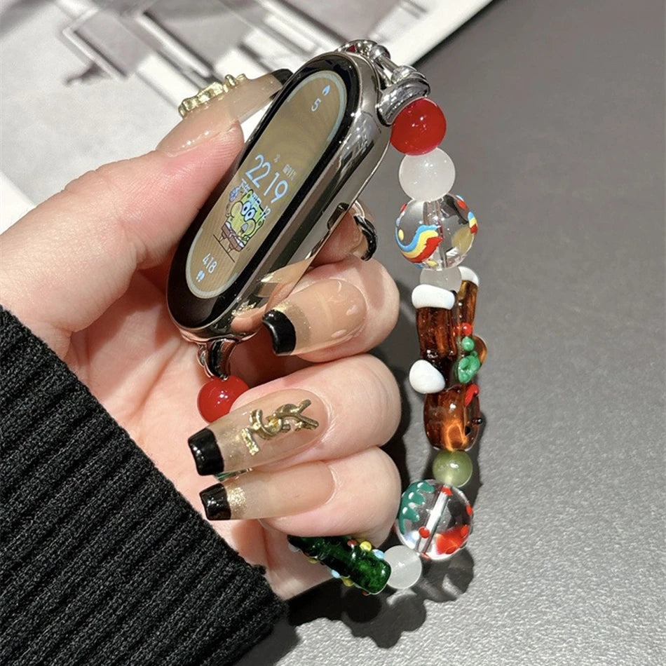 Christmas Strap For Xiaomi Mi Band 10 9 8 Pro Miband 9Pro 8 Pro Gingerbread Resin Beaded Elastic Bracelet Wristband Watch Band