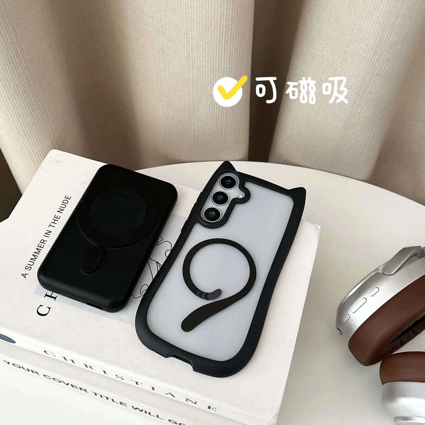 Magnetic Magsafe Case For Galaxy S25 Plus Lovely Cat Ear Cover For Samsung Galaxy S23 S24 Transparent Hard Shockroof Phone Shell