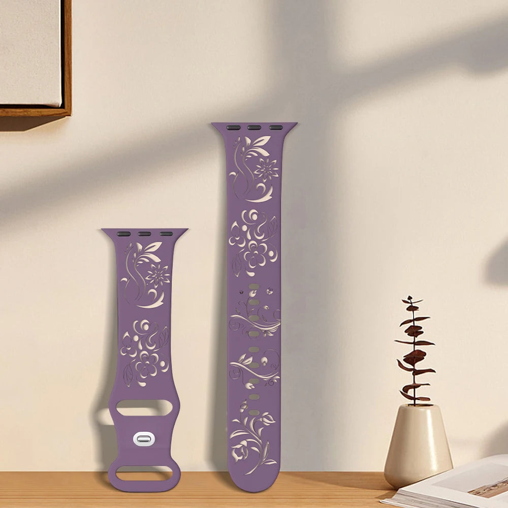 Silicone Band For Apple Watch Strap 49mm 44mm 46mm 40mm 41mm 42mm 45mm Flower Engraved Bracelet iWatch Series Ultra 10 9 6 5 se