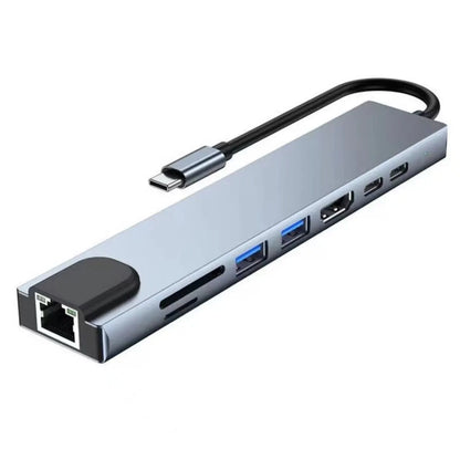 USB 8-in-1 Type-C 3.1 to 4K HDTV Adapter Hub with SD/TF/RJ45 Card Reader, Supports PD Fast Charging