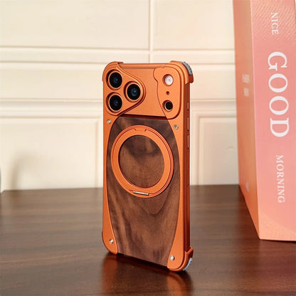 Walnut Wood Metal Aluminum Phone Case For iPhone 17 Pro 17 Pro Max Magnetic Bracket Shockproof Drop-proof Protection Cover