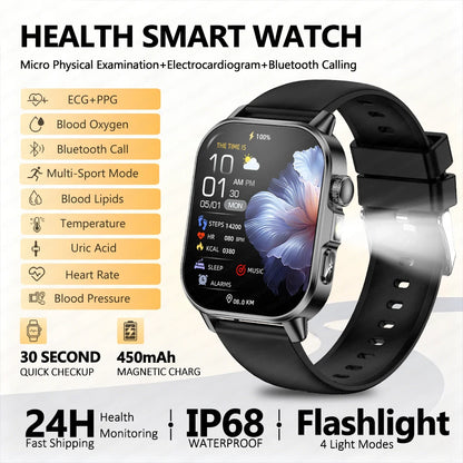2026 New ECG Smart Watch Blood Pressure Blood Oxygen Uric Acid Monitoring IP68 Waterproof 450mAh Health Smart Watch Men Women