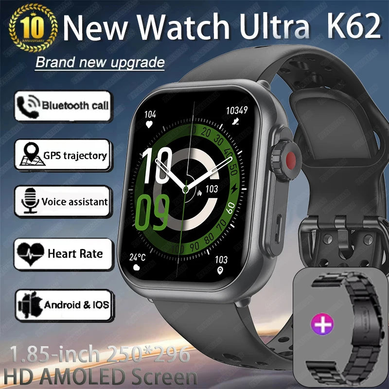 Watch Ultra K62 Men Women 1000mAh AMOLED 100+Sport Heart Rate HD Bluetooth Call GPS Track Waterproof Smart Watch For iOS Android