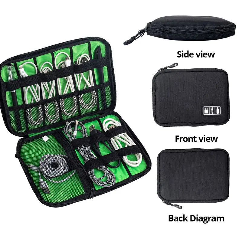 1pc Black Green Storage Bag Electronic Accessory Organizer Portable Usb Data Cable Charger Plug Travel Waterproof Organizer - covers4phones