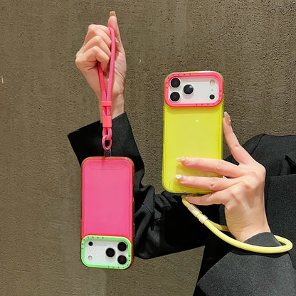Luxury Shockproof Armor Clear Case for iPhone 17 Air 16 15 14 Plus 13 12 11 Pro Max XR XS 8 Hit Color Wrist Strap Lanyard Cover