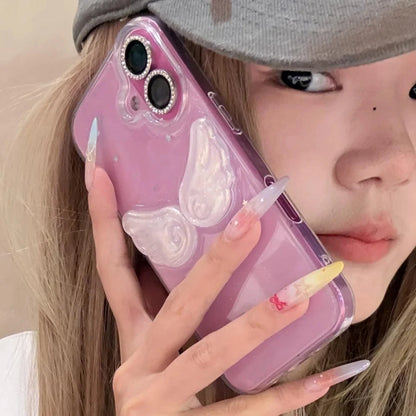 Korean INS Cute Glitter Shiny Angel Wings Phone Case For iPhone 16 15 13 12 11 Pro Max 14 Plus X XR XS Max Clear Cover Girl Gift