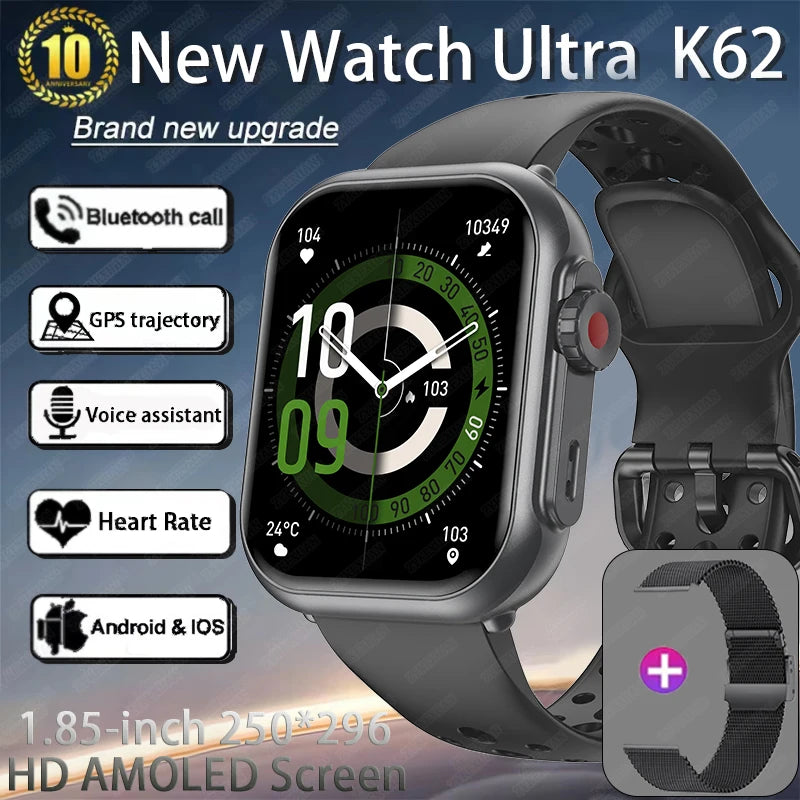 Watch Ultra K62 Men Women 1000mAh AMOLED 100+Sport Heart Rate HD Bluetooth Call GPS Track Waterproof Smart Watch For iOS Android