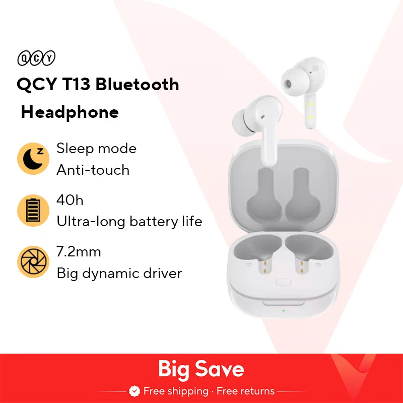 QCY T13 ANC Earphone Bluetooth 5.3 Active Noise Cancellation -28dB Wireless Headphone Fast Charge Earbuds 0.068' Low Latency