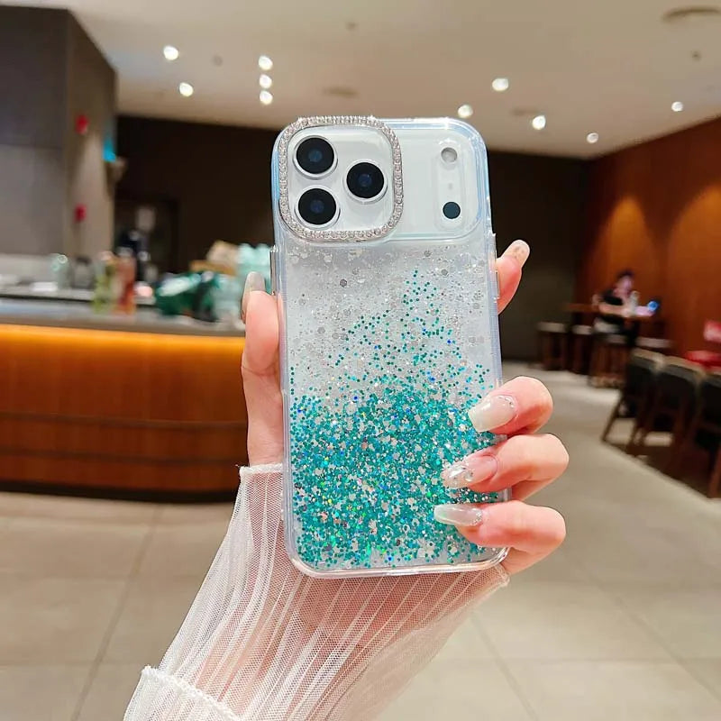 Fashion INS Uniqe Shiny Sequins Glitter Diamond Lens Frame Case For IPhone 17 Pro Max Air 16 Plus 15 14 13 Shockproof Back Cover