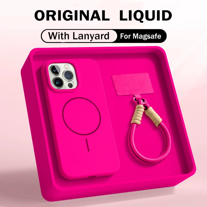 Official Liquid Silicone Lanyard Strap Rope Case For iPhone 16E 16 14 15 Plus 12 13 11 Pro Max For Magsafe Magneitc Soft Cover