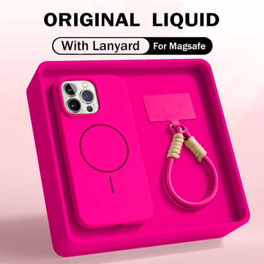 Official Liquid Silicone Lanyard Strap Rope Case For iPhone 16E 16 14 15 Plus 12 13 11 Pro Max For Magsafe Magneitc Soft Cover