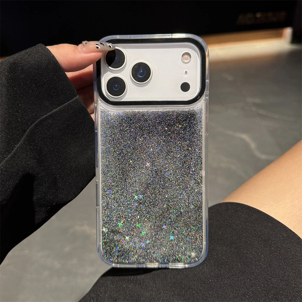Glitter Quicksand Bling Phone Case for iPhone 17 Air 16 15 14 13 Pro Max Plus Shockproof Camera Bumper Shiny Silver Back Cover