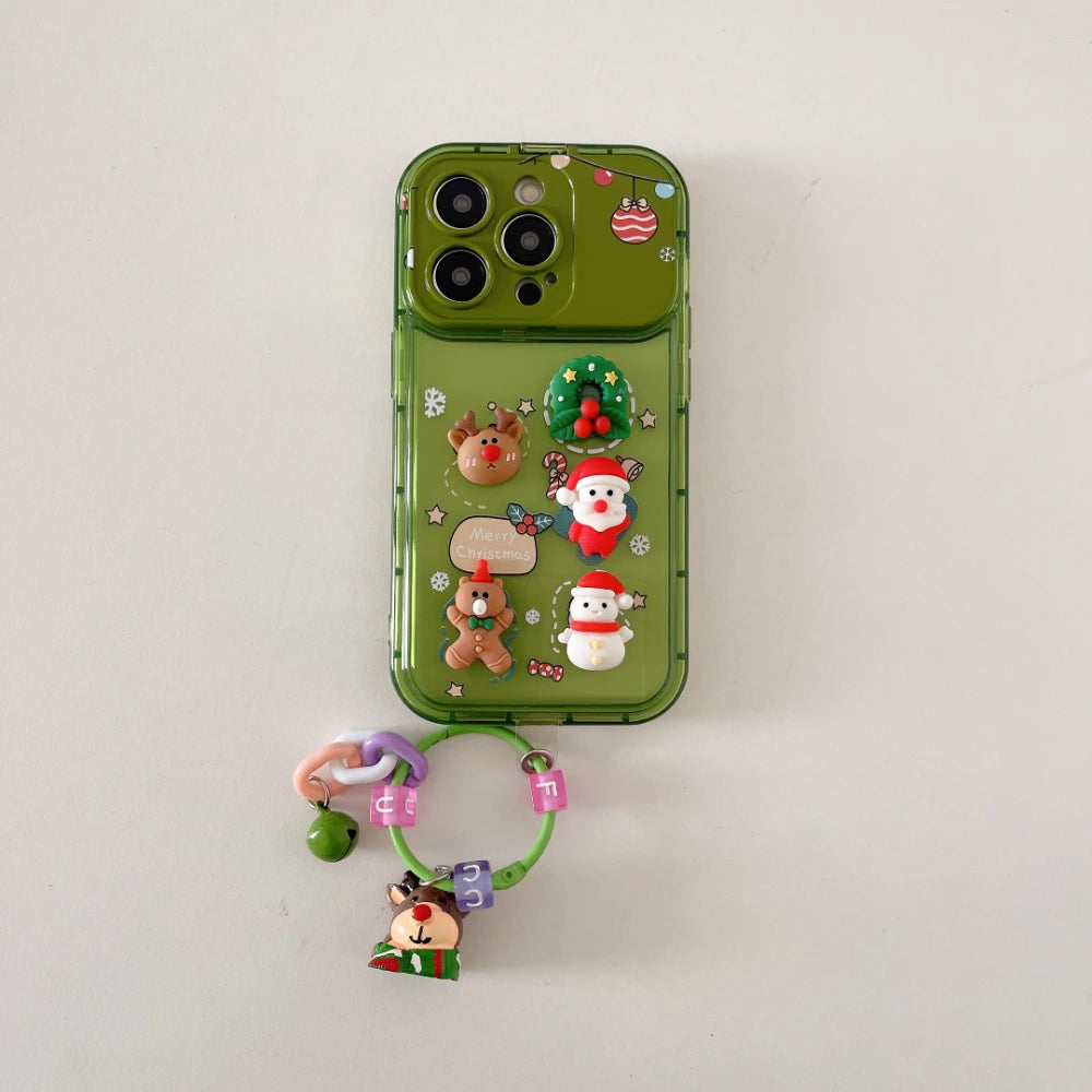 Cartoon 3D Christmas Elk Pendant Case For iPhone 17 16 15 14 13 12 11 Pro Max Plus Santa Claus Bell Keychain Stand Holder Cover