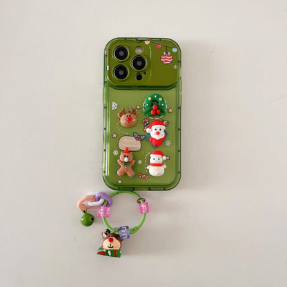 Cartoon 3D Christmas Elk Pendant Case For iPhone 17 16 15 14 13 12 11 Pro Max Plus Santa Claus Bell Keychain Stand Holder Cover