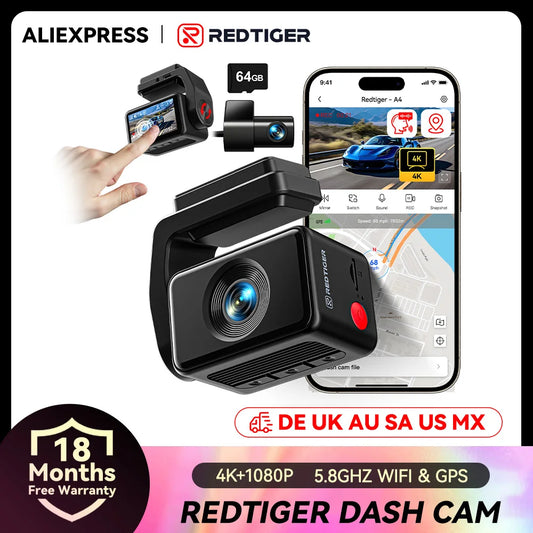 REDTIGER  A4 4k Dash Cam Front and Rear Drive Recorder GPS& 5G WiFi Touch Screen Night Vision 24H Parking Mode Voice Control