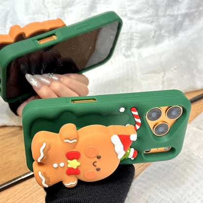 Cartoon Cute Christmas Gingerbread Man Bracket Silicone Phone Case For iPhone 17 Pro Max Air 16 15 14 13 Holder Stand Back Cover