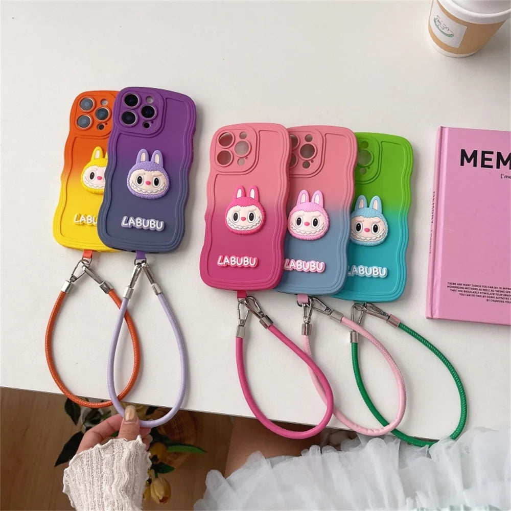 Cartoon Cute Animals Gradient Wavy Soft Phone Case with Wrist Strap For iPhone 16 Pro Max 16e 15 14 Plus 13 12 11 X XR XS 7 8 6