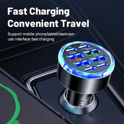 150W 8 Ports Car Charger Fast Charging PD QC3.0 USB C Car Phone Charger Type C Adapter in Car For iPhone Samsung Huawei Xiaomi