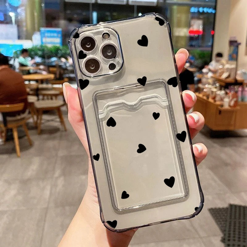 Case For iPhone 16 15 14 13 12 11 Pro Max Black White Love Heart Clear Phone Cover For iPhone XS X 7 8 Plus Wallet Card Bag Case