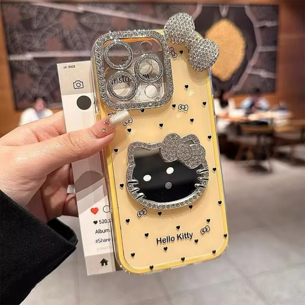 Hellokitty Make up Mirror 3D Bow Case For iPhone 16 Pro Max 15 Cute Glitter Diamond Cover For iPhone 14 Pro 13 12 11 Bling Case